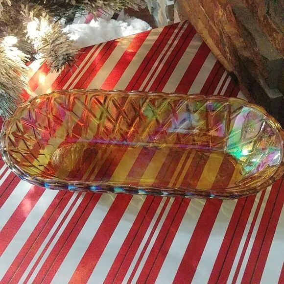 Vintage Carnival Iradescent Rainbow/ Orange Oval Glass Dish w/ Textured outside - Picture 3 of 8